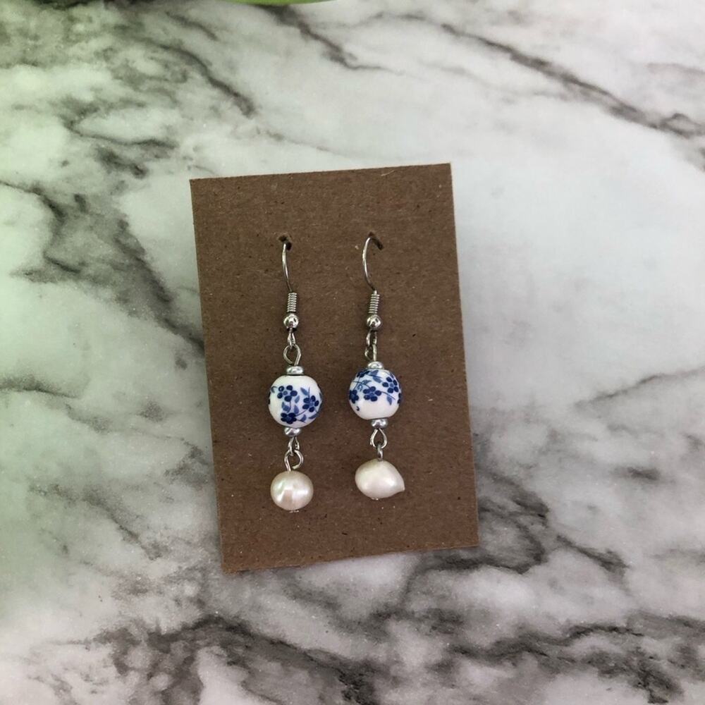 Handmade vintage inspired floral porcelain chinoiserie dangle earrings
